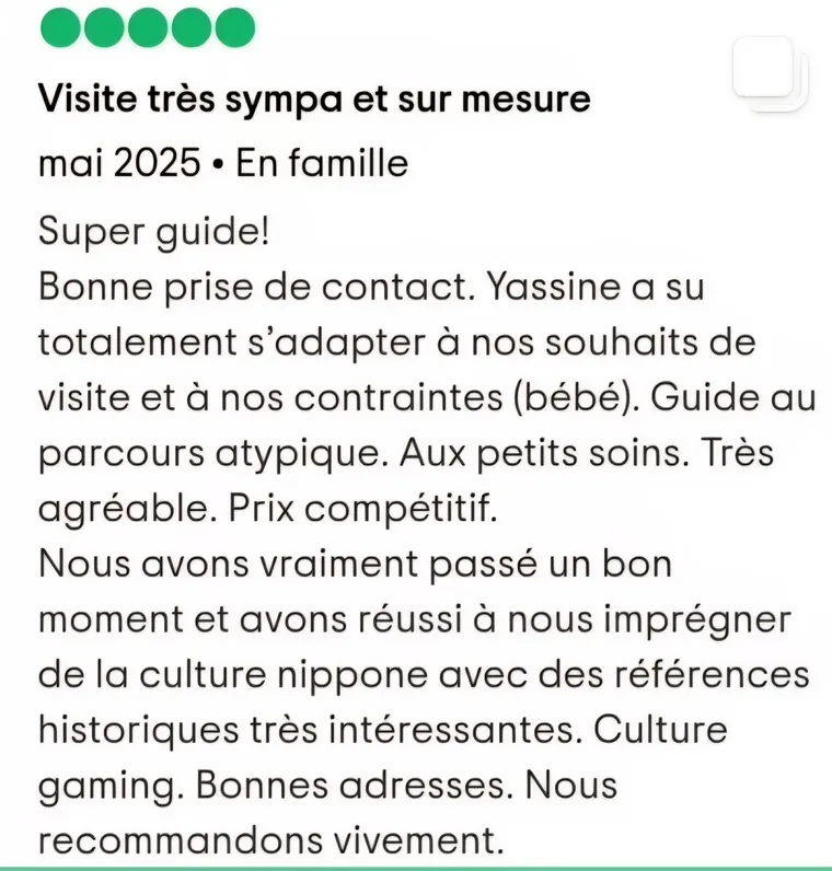 Avis client 5 étoiles : visite en famille avec un bébé, journée adaptée à leurs contraintes