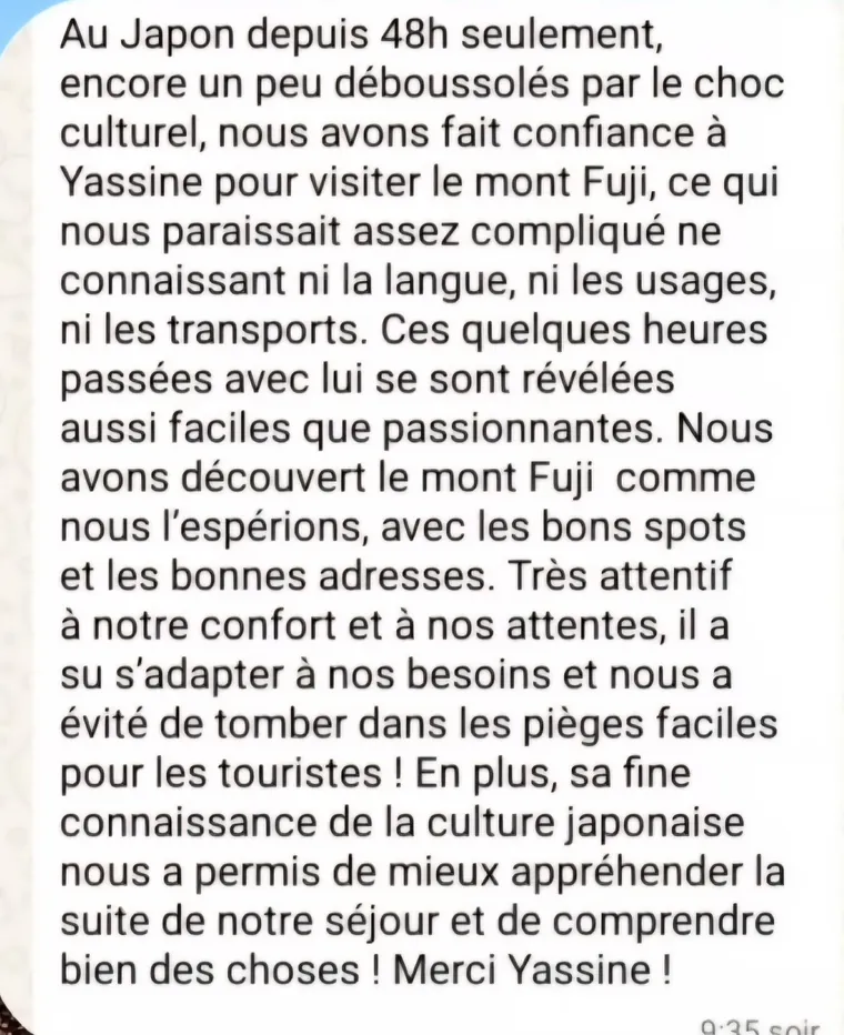Message de remerciement d'un client, visite du mont Fuji peu après son arrivée au Japon